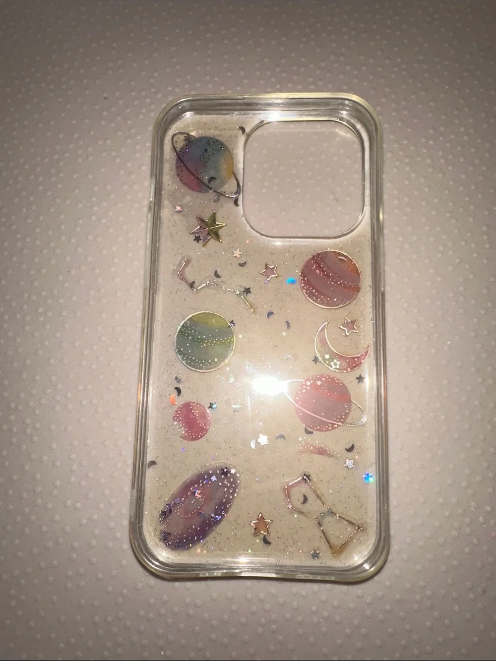 Clear Space-Themed iPhone 14 Pro Case with Pastel Planets